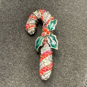 Vintage Pewter Finish 110 Crystal Enamel Candy Cane Christmas Pin/Brooch